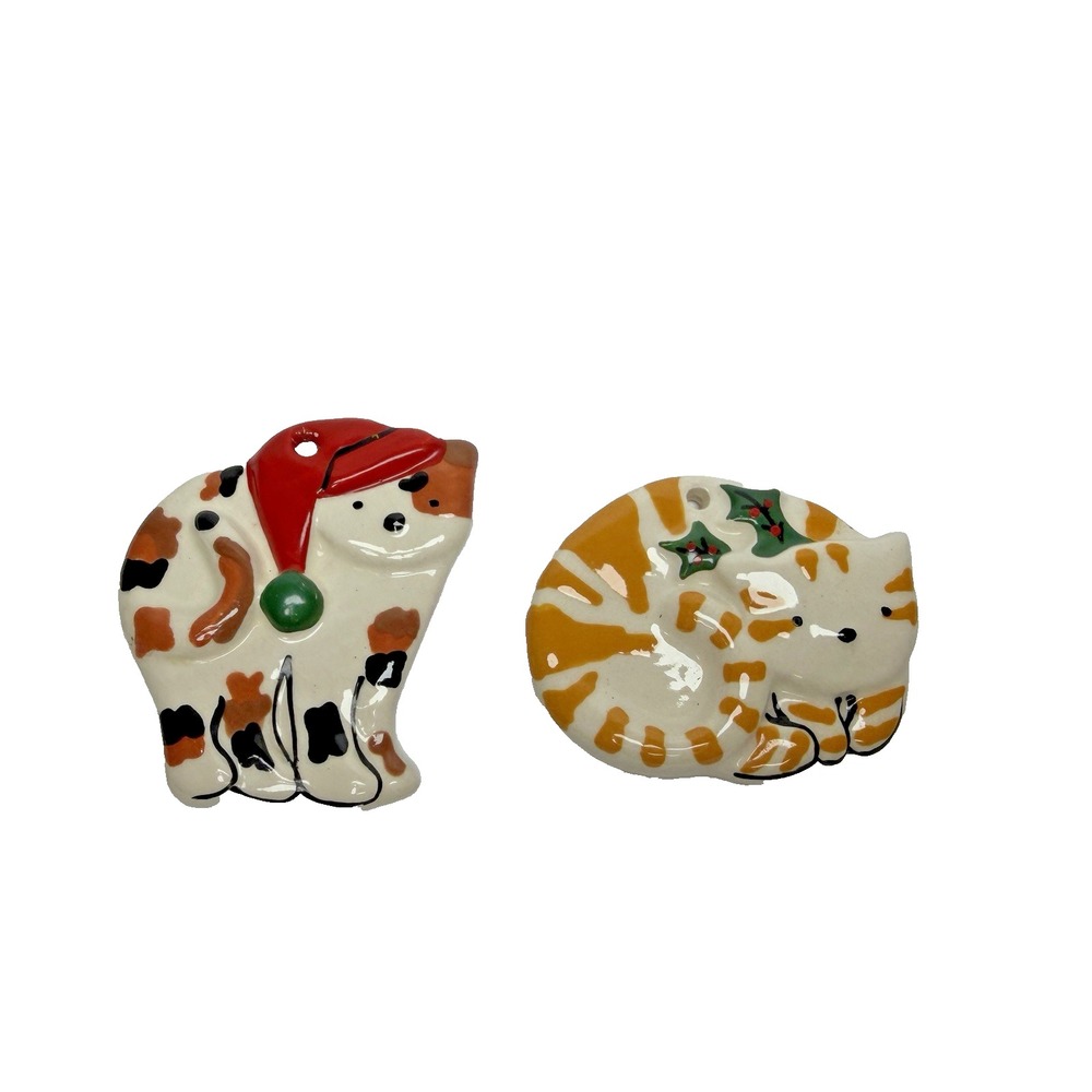 2 Ceramic Cat Hanging Christmas Ornaments 1 Tabby & 1 Calico Cat Ornament